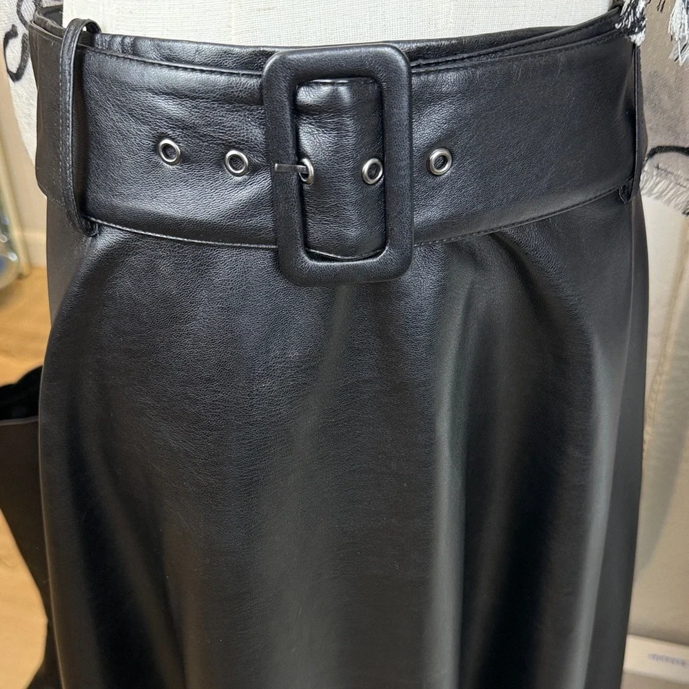 ZARA Black Belted Faux Leather A-Line Midi Skirt XL - Picture 4 of 10